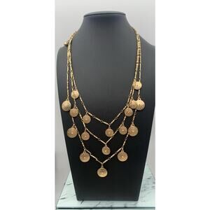 Chicos Gorgeous Matte Gold Tone Multi Layered Etched Disc W Rhinestones Necklace
